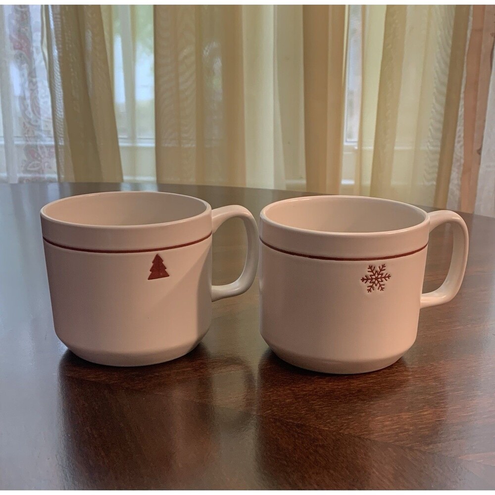 Crate And Barrel Christmas Holiday Mugs Pine Tree Snowflakes Stoneware Set of 2
